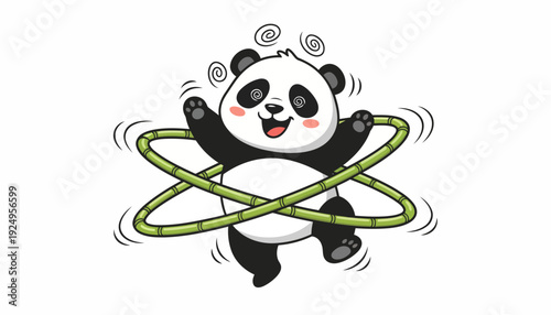 Cute Happy Panda Playing with Bamboo Hula Hoop.