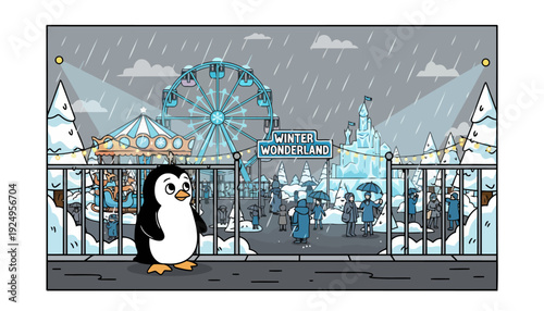 Cute Cartoon Penguin Standing Alone in Winter Wonderland Setting.