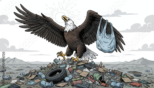 Majestic Bald Eagle Perched on Debris Holding a Bag.