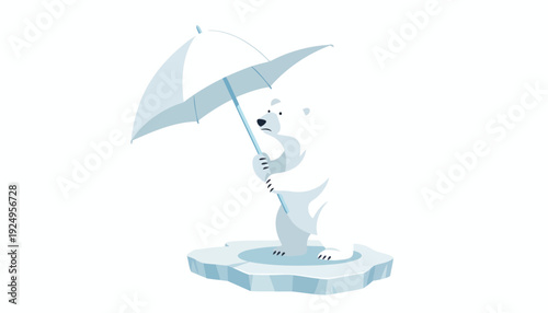 Polar Bear Holding Umbrella on Melting Ice Floe.