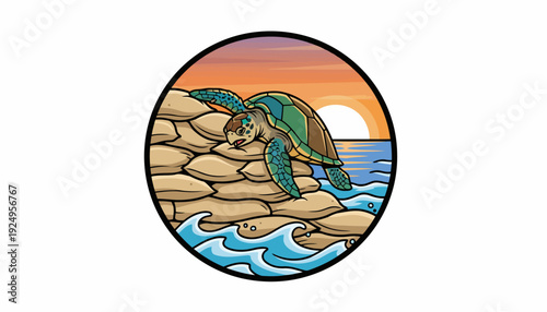 Sea turtle climbing sandbags during sunrise on ocean beach.