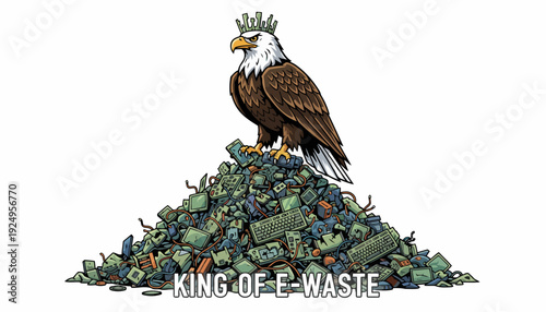 Majestic Bald Eagle Wearing Crown Perched Atop Mountain of Electronic Waste.