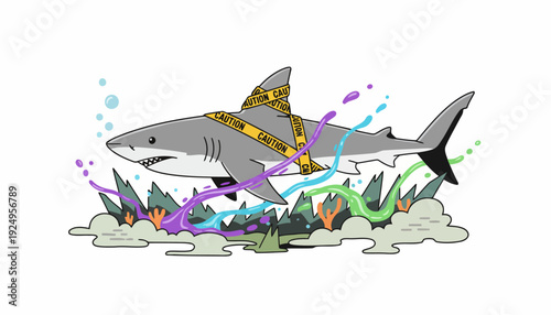 Majestic Shark Swimming Through Vibrant Abstract Underwater World.