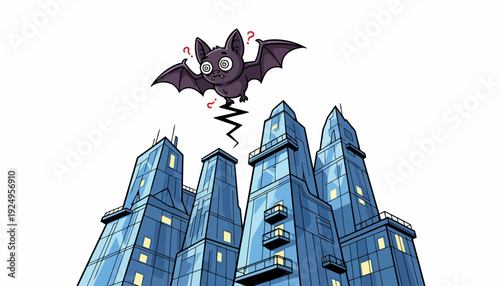Cartoon Bat Flying Above City Buildings Illustration.