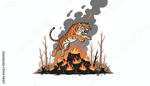 Powerful Tiger Leaping Through Destructive Wildfire Flames.