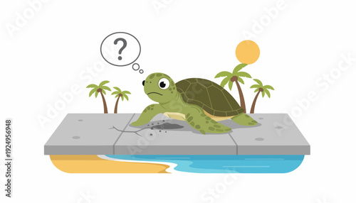 Confused Green Sea Turtle Cartoon Character with Question Mark.