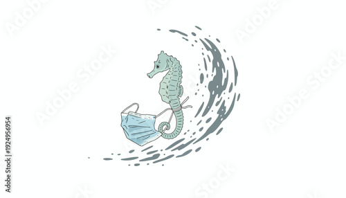 Seahorse Riding Wave with Face Mask, Ocean Conservation Concept.