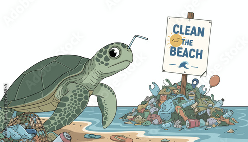 Sad Sea Turtle with Plastic Straw in Nostril Near Beach Pollution.