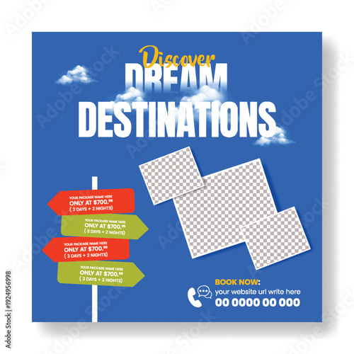 Minimal travel agency travel promo advertising design for hotel resort online booking flight ticket tour package summer holiday vacation tourism promotion square flyer poster template for social media