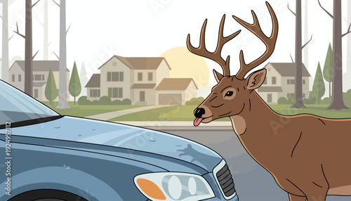 Majestic brown deer stands near car on road.