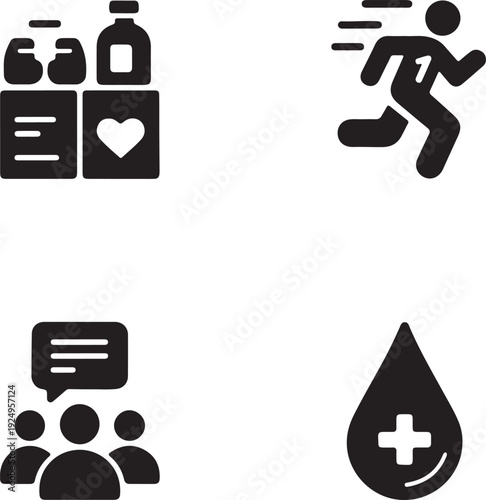 Social cause glyph icon set. Charity and donation symbols collection. Food bank, marathon run, community meeting, and blood drive solid icons for volunteering and aid concepts