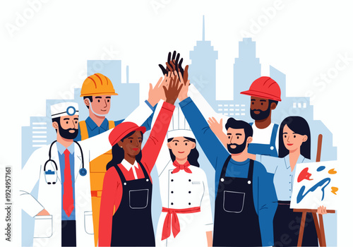 Construction Workers Teamwork High Five – Labor Day Concept