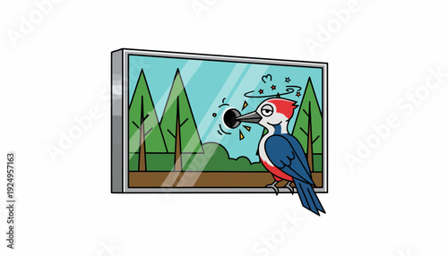 Woodpecker pecking a hole in a television screen with a forest scene.
