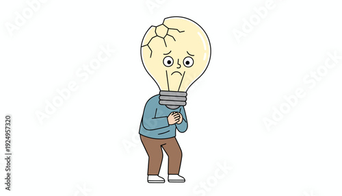 Cartoon character with a broken lightbulb head feeling sad and worried.