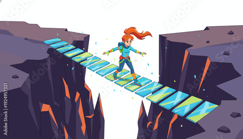 Brave woman crossing a dangerous chasm on a narrow bridge.