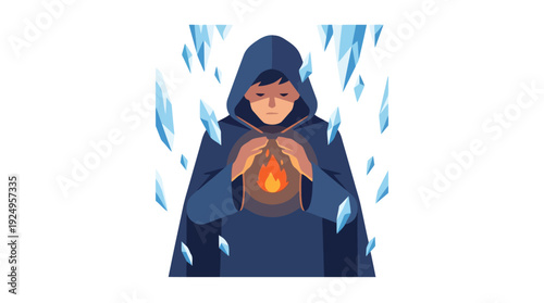 Mysterious Enchanter Conjuring Magical Fire and Ice Spells.