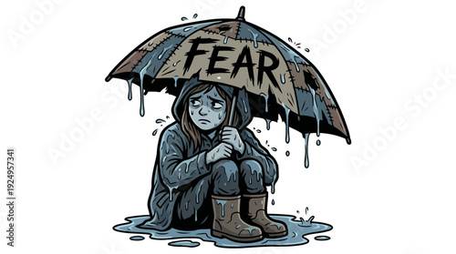 Child Huddling Under an Umbrella Labeled Fear Illustrating Anxiety and Apprehension.