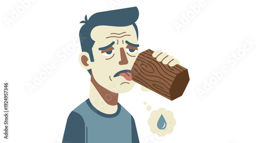 Thirsty Man Trying to Drink from a Block of Wood.
