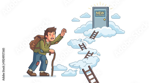 Tired man with backpack and walking stick looking at a distant door.