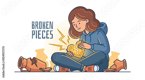 Young Woman Repairing Broken Pottery Pieces with Kintsugi Technique.