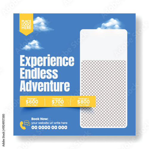 Trendy travel agency travel advertising promo template with hotel resort online booking flight ticket tour package summer holiday vacation tourism promotion square flyer poster template design