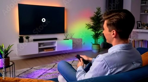Man enjoying smart TV with vibrant ambient lighting in a modern living room
