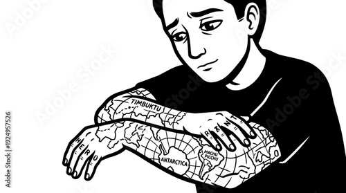 Sad Young Man with Map Tattoos on His Arms.