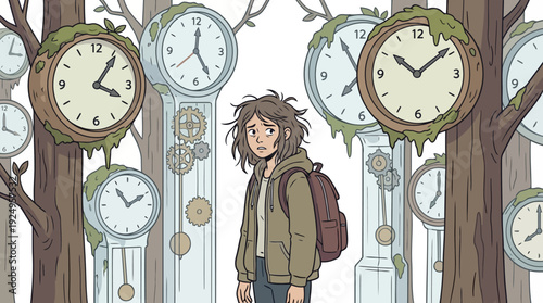 Young Woman Surrounded by Numerous Clocks and Timepieces in a Dreamlike Forest Setting.