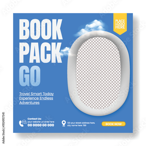 Travel Agency social media post template for hotel resort online booking and flight ticket tour package summer holiday vacation promo advertising tourism promotion square flyer poster template design