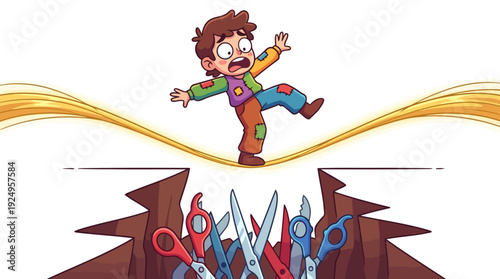 Young boy carefully balancing on a thin rope above sharp scissors.