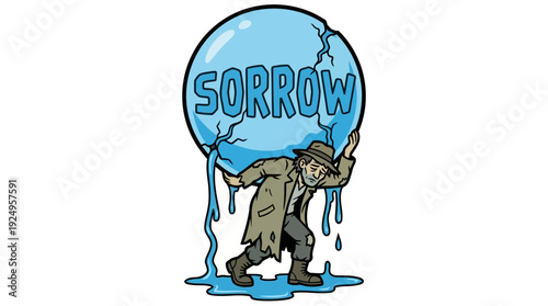 Man Carrying Heavy Ball of Sorrow Burden Concept.