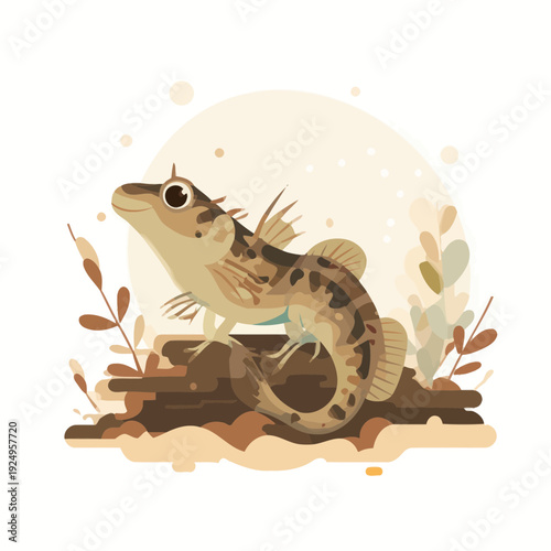 Mudskipper Fish Illustration on Log with Plants