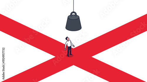 Person Standing Underneath a Large Hanging Bell on a Red Cross.