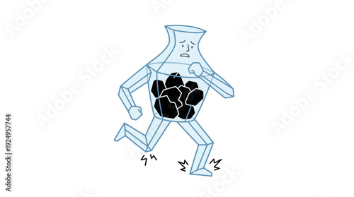 Anxious Glass Jar Character Running with Black Rocks Inside.