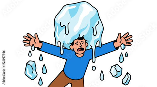 Man Overwhelmed by Falling Ice Block Illustrates Stress and Pressure.