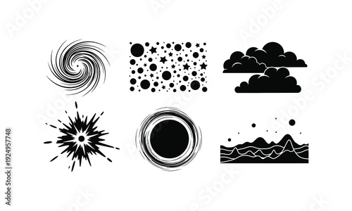 Cosmic phenomena silhouette vector illustration including black hole and galaxy star shapes