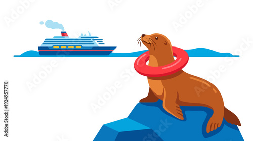 Cute Sea Lion Wearing Lifebuoy on Rock with Ocean Background.