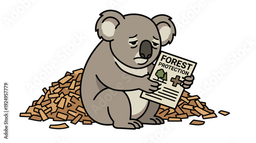 Sad Koala Bear Holding Forest Protection Document on Wood Chips.