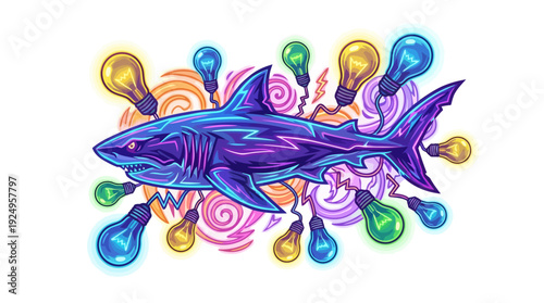 Vibrant Blue Shark Illustration with Colorful Light Bulbs and Swirls.