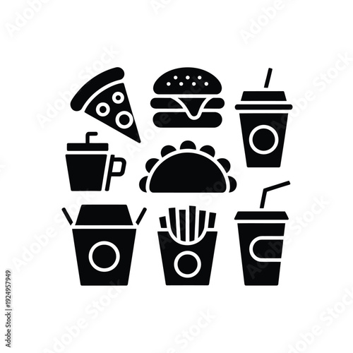 Assorted icons representing popular fast food items and beverages isolated on white background, Vector, illustration