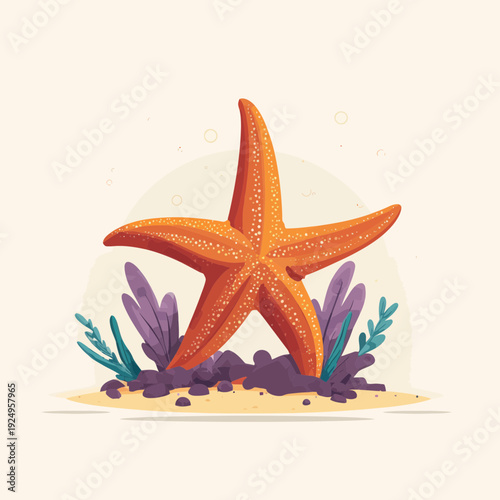 Orange Starfish Among Seaweed on Ocean Floor