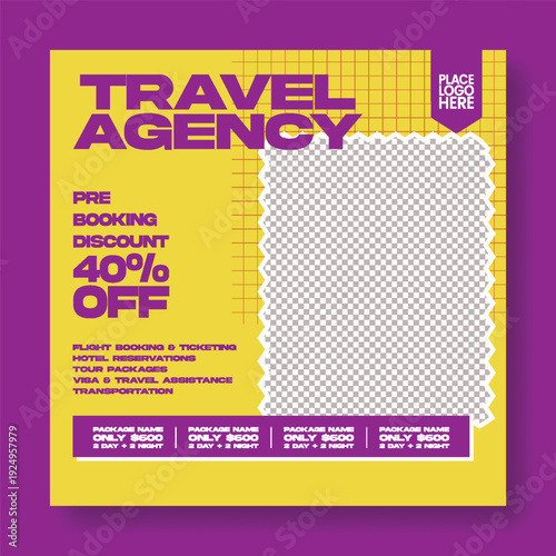 Retro vintage travel agency advertising design, social media post template, study abroad promo, holiday vacation marketing, summer tour package, hotel resort booking, tourism promotion square flyer po
