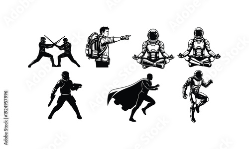 Super hero silhouette illustration with futuristic warrior and pilot vector art
