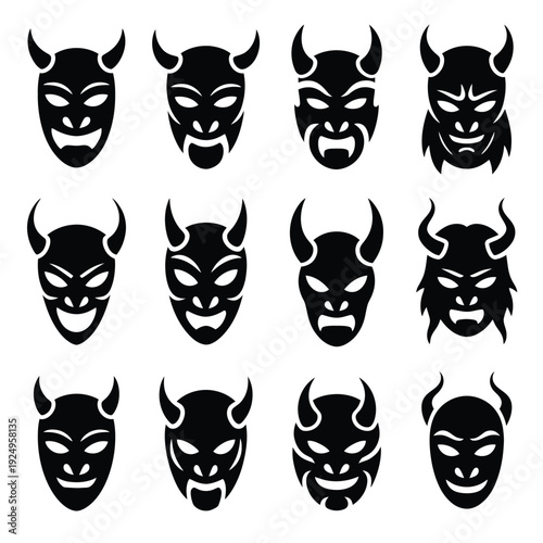Collection of stylized devil masks in black and white silhouette design isolated on white background, Vector, illustration