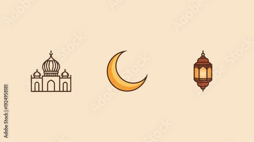 Islamic Ramadan outline icons set featuring mosque, crescent, lantern, and related symbols in vector illustration.