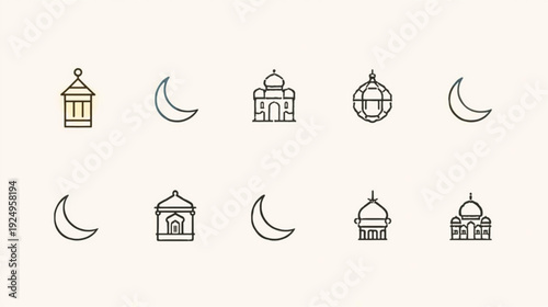 A collection of line art icons depicting various architectural structures and crescent moons, symbolizing religious or cultural themes, in a clean and minimalist style.