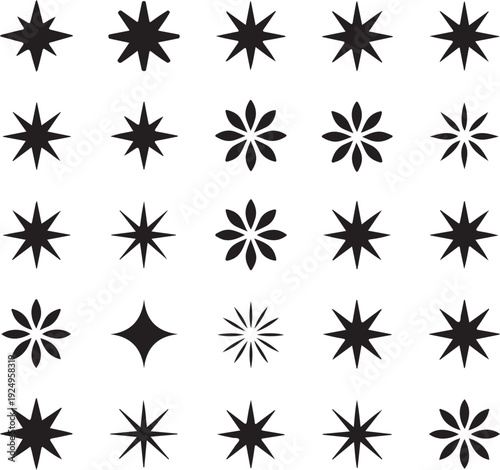 Sparkles Stars sign symbol set. Cute shape collection. Christmas decoration element. Black color on white background. Flat design.
