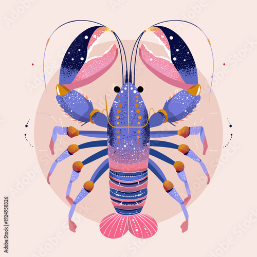 Stylized Blue and Pink Lobster with Large Claws