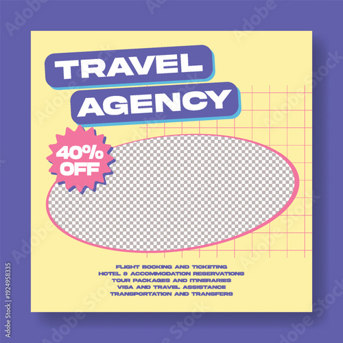 Retro vintage travel agency social media post template, tour package promotion, holiday vacation advertising, hotel resort booking, study abroad marketing, square flyer poster, tourism promo design.