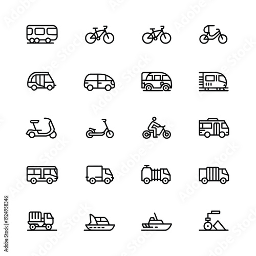 Collection of diverse transportation and vehicle icons in monochrome style isolated on white background, Vector, illustration